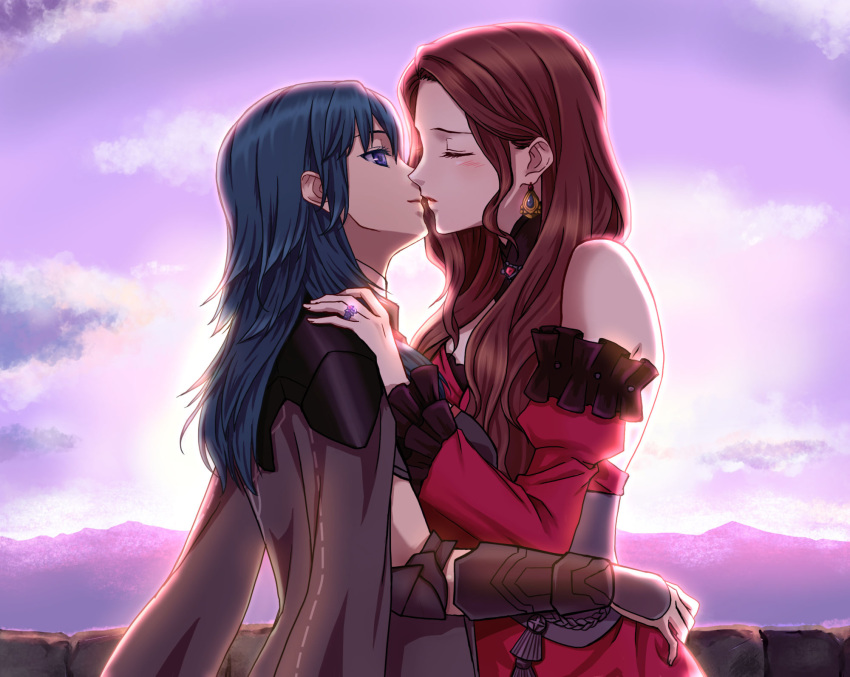 2girls arm_guards arms_around_waist blush brown_hair byleth_(fire_emblem) closed_eyes cloud dorothea_arnault dress earrings fervent_idiot fire_emblem fire_emblem:_three_houses highres jewelry kiss light_blush long_hair looking_at_another mountainous_horizon multiple_girls ring sunlight sunrise upper_body wedding_ring yuri