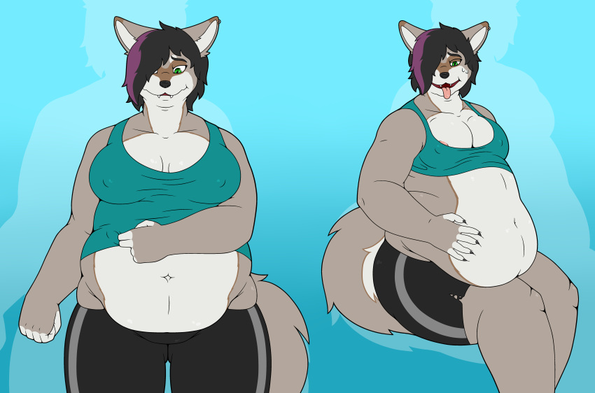 2019 absurd_res anthro areola belly big_belly big_breasts black_hair bodily_fluids bottomwear breasts brown_fur canid canine canis cleavage clothed clothing digital_media_(artwork) ear_piercing female fur grey_fur hair hair_over_eye hi_res mammal markings nipple_outline nipple_slip obese obese_female open_mouth overweight overweight_female piercing shirt shorts simple_background sitting solo standing sweat tank_top thefoxydragon thick_thighs tight_clothing tongue tongue_out topwear torn_clothing weight_gain wolf
