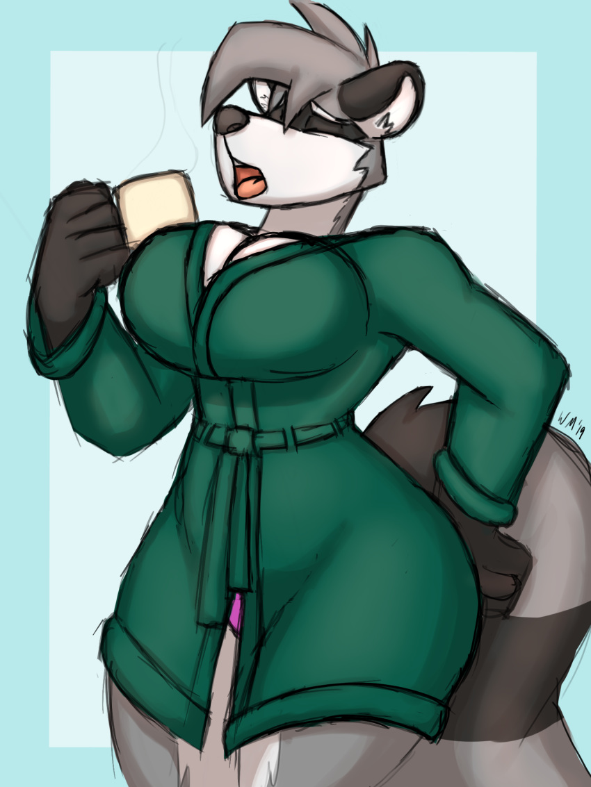 2019 anthro bathrobe beverage black_fur clothed clothing coffee female fur grey_fur hi_res mammal open_mouth panties procyonid raccoon robe simple_background solo striped_tail stripes tired underwear white_fur winter_(artist) yawn