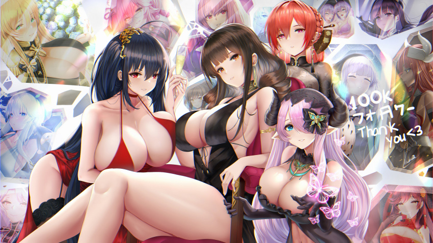 6+girls ahoge alternate_costume asymmetrical_docking atago_(azur_lane) azur_lane bangs bare_shoulders bismarck_(azur_lane) black_dress black_gloves black_hair blue_eyes blunt_bangs blush braid breast_press breasts brown_hair bug butterfly center_opening china_dress chinese_clothes choker cleavage collarbone cup draph dress dsr-50_(girls_frontline) earrings elbow_gloves evening_gown expressionless eyebrows_visible_through_hair fate/grand_order fate_(series) garter_straps girls_frontline gloves gold granblue_fantasy hair_between_eyes hair_ornament hair_over_one_eye highres holding holding_cup horns huge_breasts illustrious_(azur_lane) insect jewelry kneeling koyanskaya large_breasts long_hair looking_at_viewer mole mole_under_eye monarch_(azur_lane) multiple_girls narmaya_(granblue_fantasy) original parted_lips piukute062 pointy_ears prinz_eugen_(azur_lane) purple_eyes purple_hair red_dress red_eyes red_hair scathach_(fate)_(all) scathach_(fate/grand_order) sidelocks sitting sleeveless smile taihou_(azur_lane) thighhighs thighs very_long_hair