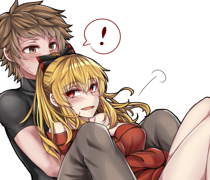 ! 1boy 1girl bare_shoulders black_shirt blonde_hair blush brown_eyes brown_hair commentary_request couple gran_(granblue_fantasy) granblue_fantasy hetero hug hug_from_behind long_hair off-shoulder_sweater off_shoulder red_eyes red_sweater sanmotogoroo shirt sitting speech_bubble spoken_exclamation_mark sweatdrop sweater vira_lilie white_background