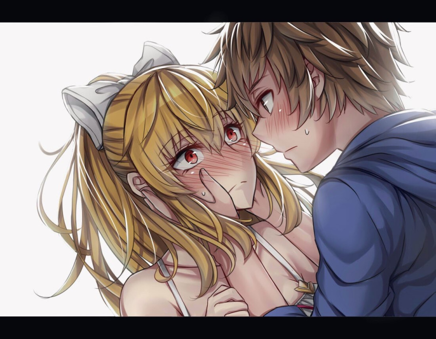 1boy 1girl blonde_hair blue_hoodie blush bow brown_eyes brown_hair collarbone couple dress eye_contact eyebrows_visible_through_hair frown full-face_blush gran_(granblue_fantasy) granblue_fantasy hair_between_eyes hair_bow hand_on_another's_cheek hand_on_another's_face hetero hood hood_down letterboxed long_hair looking_at_another ponytail red_eyes sanmotogoroo spaghetti_strap sweatdrop upper_body vira_lilie white_background white_bow white_dress