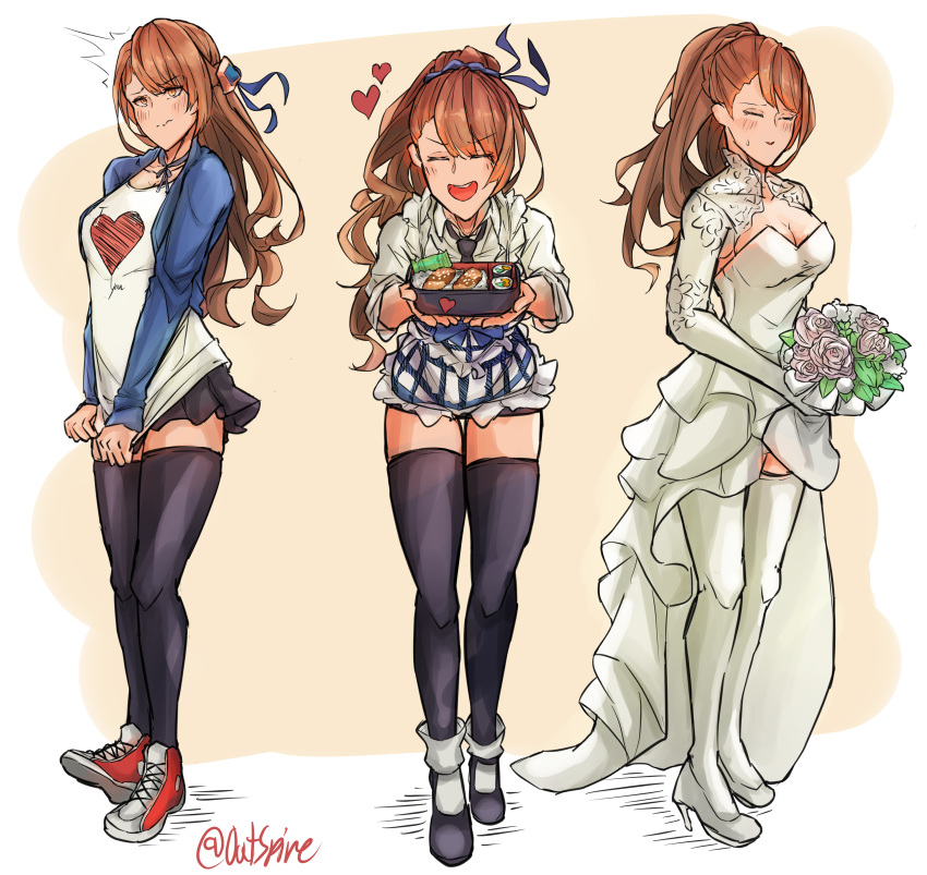 1girl :d absurdres apron beatrix_(granblue_fantasy) black_legwear black_neckwear black_skirt blush bouquet breasts brown_eyes brown_hair casual cleavage closed_eyes dress eyebrows_visible_through_hair flower food granblue_fantasy heart heart_print high_heels highres long_hair medium_breasts miniskirt multiple_views necktie offering open_mouth outspire ponytail shirt shoes skirt smile sneakers sweatdrop thighhighs twitter_username wedding_dress white_dress white_footwear white_legwear white_shirt