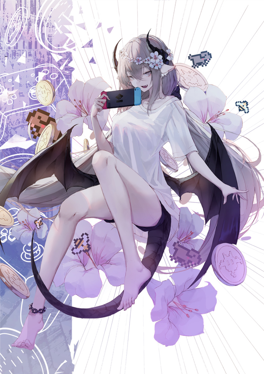 1girl bare_shoulders barefoot black_shorts blonde_hair breasts chain coin collarbone commentary dragon_girl dragon_tail dragon_wings erospanda eyebrows_visible_through_hair fang flower hair_between_eyes hair_flower hair_ornament handheld_game_console highres large_breasts long_hair nintendo_switch original pointy_ears shirt short_shorts short_sleeves shorts solo tail white_flower white_shirt wings yellow_flower
