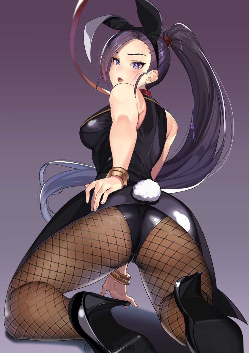 1girl animal_ears ass bangs bare_shoulders black_footwear black_hair blush bracelet breasts bunny_ears bunny_tail bunnysuit commentary_request dragon_quest dragon_quest_xi fingernails fishnet_pantyhose fishnets from_behind full_body gradient gradient_background hand_on_hip high_heels highres jewelry kagematsuri kneeling looking_at_viewer looking_back martina_(dq11) medium_breasts open_mouth pantyhose purple_eyes shiny shiny_clothes shiny_hair sleeveless solo tail tied_hair