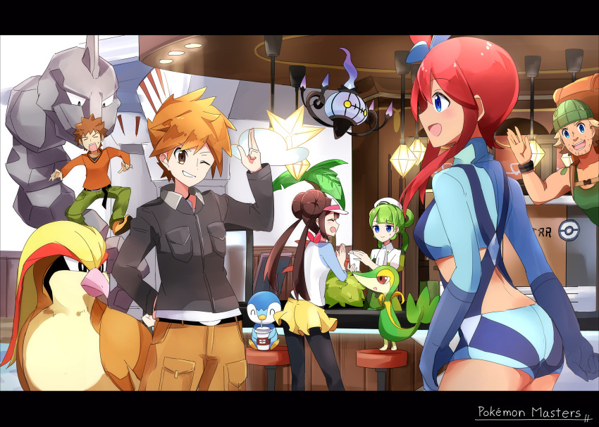 3boys 3girls aa_(sin2324) black_legwear black_shirt blue_eyes blue_gloves blue_shorts bow breasts brown_hair brown_pants capri_pants chandelure character_request closed_eyes copyright_name double_bun from_side fuuro_(pokemon) gen_1_pokemon gen_4_pokemon gen_5_pokemon gloves hair_ornament highres indoors long_hair long_sleeves medium_breasts mei_(pokemon) midriff multiple_boys multiple_girls onix ookido_green orange_hair pants pantyhose pidgeotto pink_bow piplup pokemon_(creature) pokemon_masters raglan_sleeves red_hair shirt short_shorts shorts snivy takeshi_(pokemon) twintails visor_cap yellow_shorts