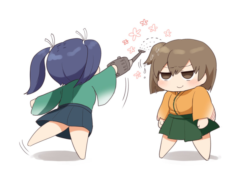 2girls blue_hair blue_skirt breasts brown_hair can chibi green_skirt hair_ribbon highres hiryuu_(kantai_collection) holding holding_can japanese_clothes kantai_collection large_breasts multiple_girls one_side_up ribbon short_hair simoyuki skirt souryuu_(kantai_collection) twintails watering_can white_background white_ribbon wide_sleeves