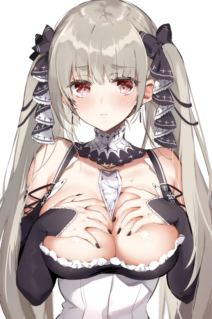 1girl azur_lane bangs bare_shoulders between_breasts black_dress black_nails blush breasts breasts_outside closed_mouth covering covering_breasts dress dress_pull earrings formidable_(azur_lane) frilled_dress frills frown grey_hair hair_ribbon hands_on_own_chest highres jewelry large_breasts long_hair looking_at_viewer red_eyes ribbon simple_background sino_(sionori) solo twintails two-tone_ribbon very_long_hair white_background
