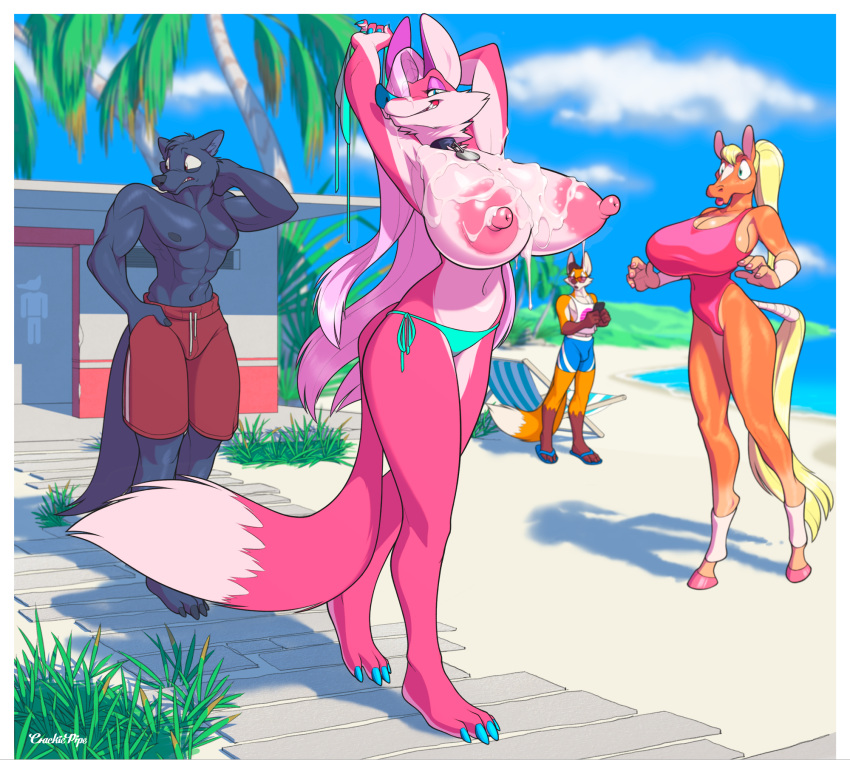 anthro beach big_breasts breasts canid canine clothed clothing collar collar_tag crackiepipe curvaceous denisse detailed_background equid equine female fox group hi_res hooves horse huge_breasts male mammal muscular muscular_male nipples outside phoebe_(crackiepipe) pink_nipples public seaside smile standing swimwear toes topless wide_hips