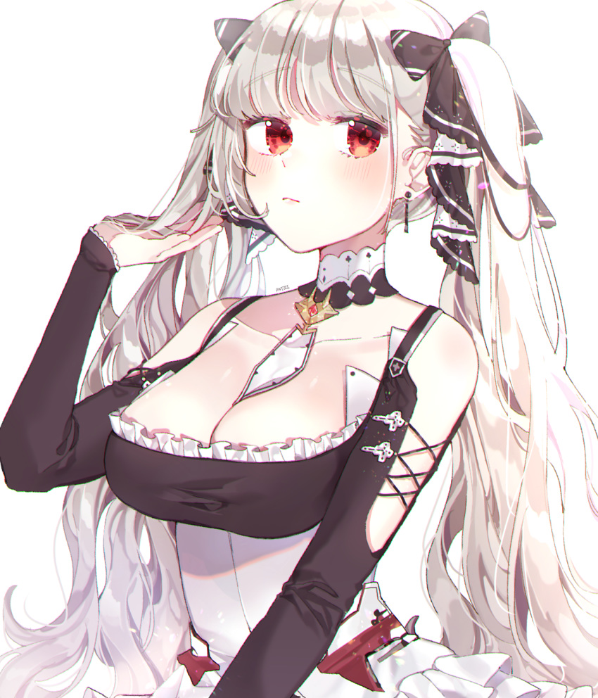 1girl azur_lane between_breasts black_dress blush breasts cleavage dress earrings formidable_(azur_lane) frilled_dress frills grey_hair hair_ribbon highres jewelry large_breasts long_hair patzzi red_eyes ribbon rigging solo twintails two-tone_dress two-tone_ribbon two-tone_ribbons