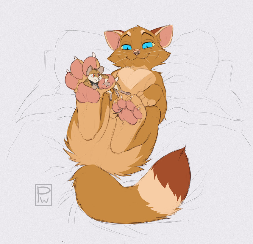 2018 4_toes ambiguous_gender anthro bed between_toes blue_eyes clothing colored digital_media_(artwork) dipstick_tail domestic_cat duo felid feline felis foot_focus fur hi_res lying mammal micro mouse multicolored_fur multicolored_tail murid murine on_back pawpads poisewritik red_eyes rodent simple_background sketch smile toes