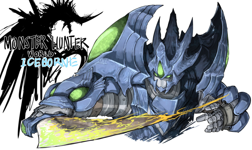 armor brachydios_(armor) copyright_name cropped_torso full_armor gauntlets helmet holding holding_weapon kan_(aaaaari35) monster_hunter monster_hunter:_world pauldrons slashing sword upper_body weapon white_background