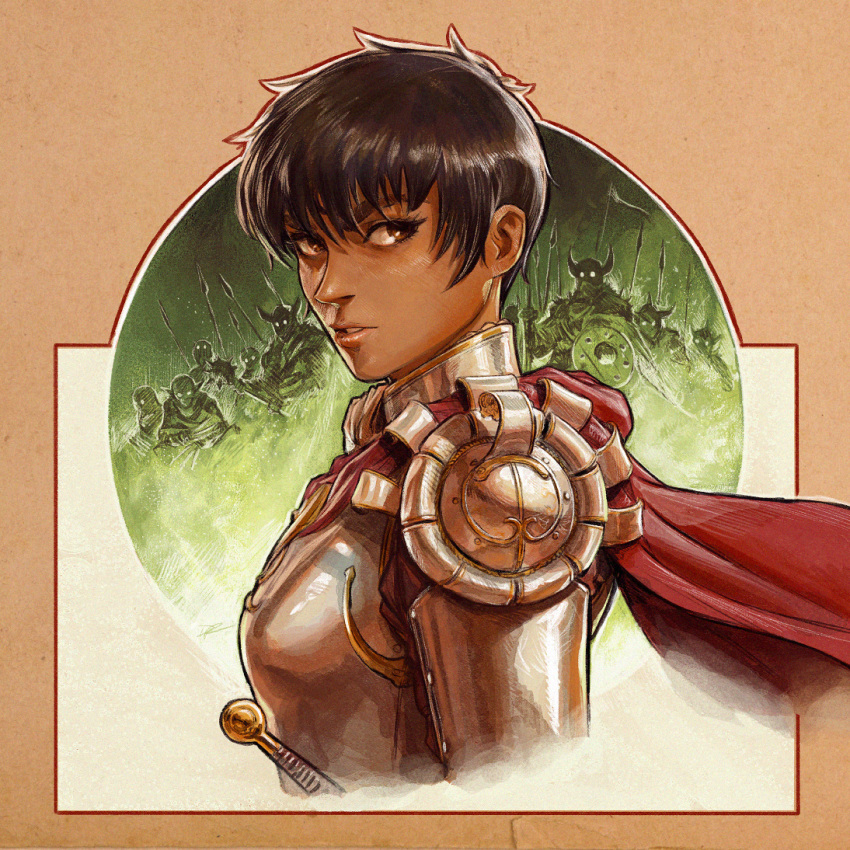 1girl armor army berserk black_hair breasts brown_eyes casca dark_skin dave_rapoza eyelashes full_armor lips nose portrait short_hair shoulder_armor small_breasts solo_focus spaulders very_dark_skin