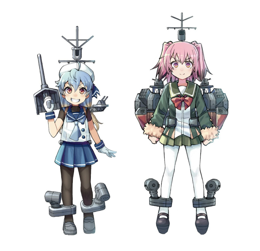 2girls bangs black_legwear blonde_hair blue_hair blue_neckerchief blue_ribbon blue_skirt colored_tips commentary_request depth_charge depth_charge_projector fur-trimmed_sleeves fur_trim gloves gradient_hair green_jacket green_skirt grin hair_between_eyes height_difference highres jacket kantai_collection kunashiri_(kancolle) long_hair long_sleeves looking_at_viewer machinery mary_janes mast mizuki_kyou multicolored_hair multiple_girls neck_ribbon neckerchief orange_eyes pantyhose pink_hair pleated_skirt red_eyes red_ribbon ribbon sado_(kancolle) school_uniform serafuku shirt shoes short_hair simple_background skirt sleeveless sleeveless_shirt smile standing two-tone_hair two_side_up undershirt white_background white_gloves white_legwear