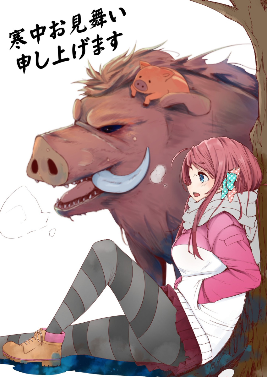 1girl blue_eyes boar breasts carrion1129 highres jacket kanchuumimai laces large_breasts minamoto_sakura pink_hair saga scarf side_ponytail skirt snow striped striped_legwear translation_request tree winter zombie zombie_land_saga