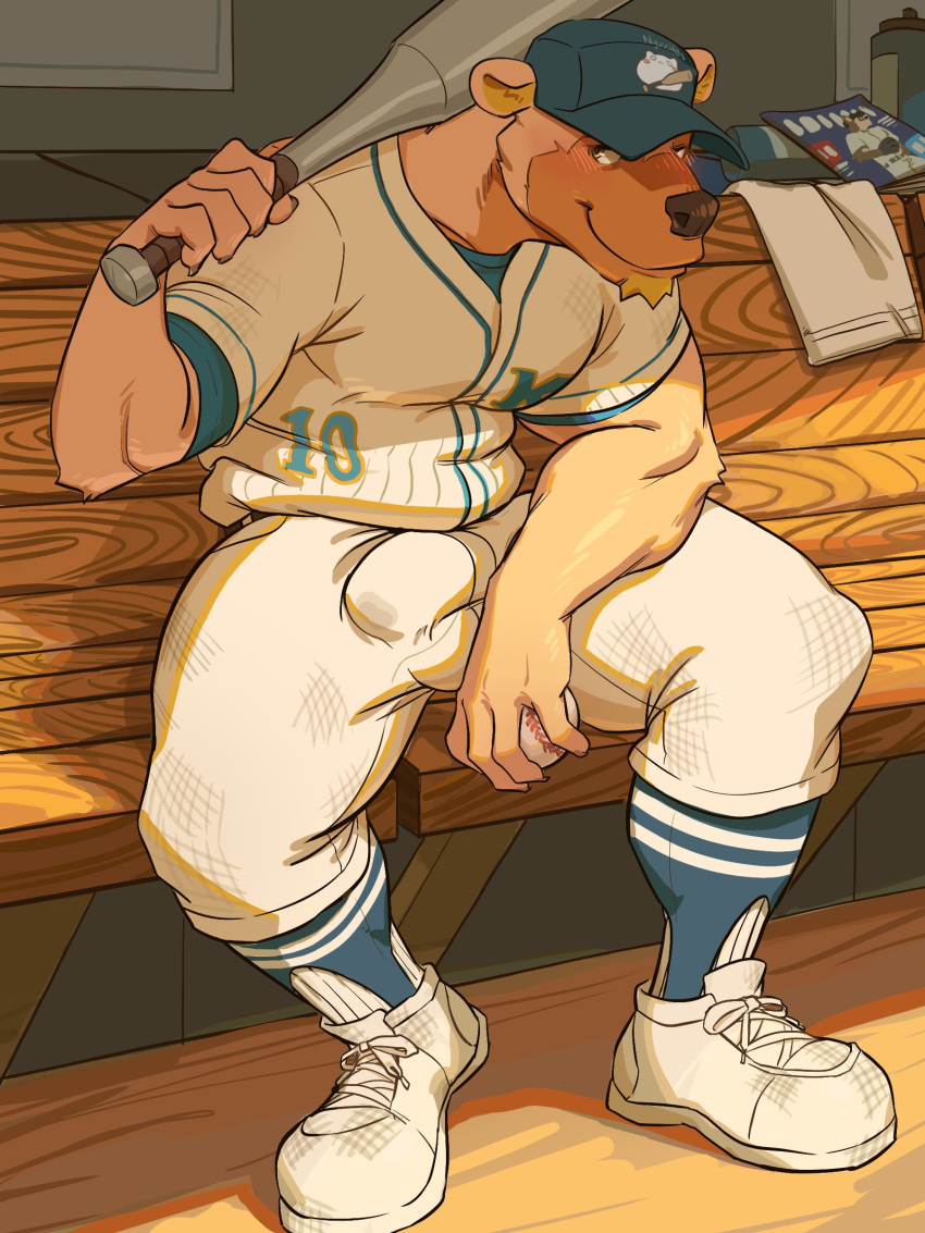 2019 5_fingers absurd_res anthro ball baseball_(ball) baseball_bat baseball_cap baseball_uniform bat_(object) beard bench blue_clothing blue_legwear blue_socks blush bodily_fluids bottomwear brown_fur bulge clothed clothing digital_media_(artwork) facial_hair fingers footwear fur genital_fluids hat headgear headwear hi_res holding_ball holding_object krispy_(character) legwear male mammal multicolored_clothing multicolored_legwear multicolored_socks muscular muscular_male nyuudles open_mouth open_smile pants pattern_clothing pattern_legwear penis_outline precum precum_through_clothing shirt shoes sitting smile socks solo sportswear striped_clothing striped_legwear striped_socks stripes tan_fur teeth topwear two_tone_clothing two_tone_legwear two_tone_socks undershirt uniform ursid wet wet_clothing white_bottomwear white_clothing white_footwear white_pants white_shirt white_shoes white_topwear yellow_eyes