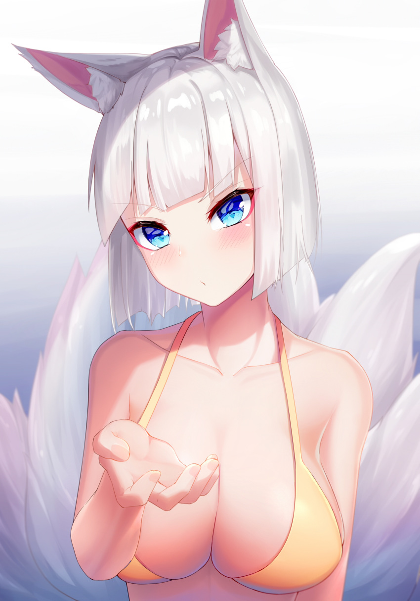 1girl absurdres animal_ear_fluff animal_ears arm_at_side azur_lane bangs blue_background blue_eyes blunt_bangs blunt_ends blush breasts cleavage eyebrows_visible_through_hair eyeliner fingernails fox_ears fox_tail gradient gradient_background halterneck hand_up highres kaga_(azur_lane) kitsune large_breasts looking_at_viewer makeup milk_box_(leoleo963852741) multiple_tails orange_bikini_top pink_eyeshadow puckered_lips reaching_out shadow shiny shiny_hair short_hair solo tail upper_body v-shaped_eyebrows white_background white_hair