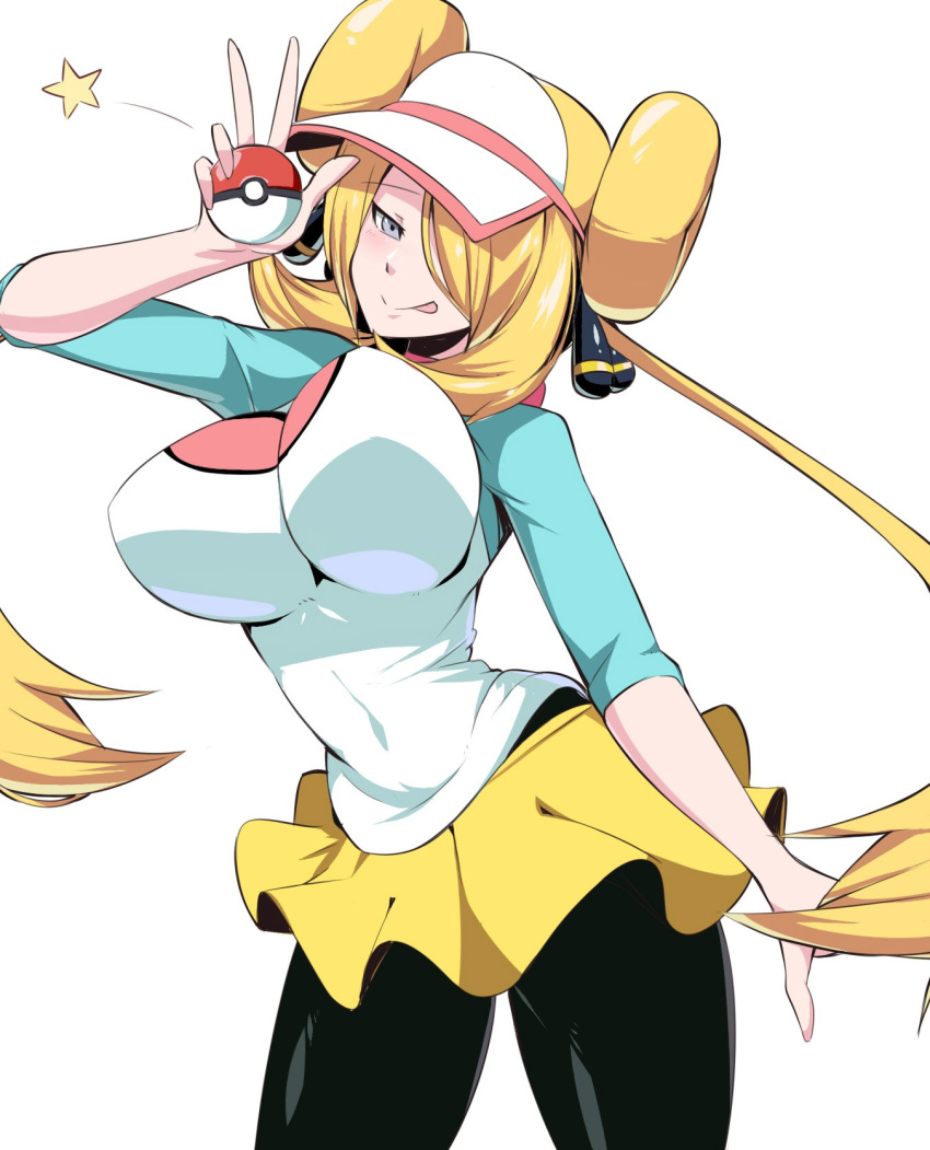 1girl :p black_legwear blonde_hair blush breasts commentary commentary_request cosplay double_bun grey_eyes hair_ornament hair_over_one_eye highres huge_breasts impossible_clothes leggings long_hair mei_(pokemon) mei_(pokemon)_(cosplay) pokemon pokemon_masters shirona_(pokemon) shirt sidelocks skirt solo star suzusiigasuki tight tight_shirt tongue tongue_out translation_request twintails v very_long_hair visor