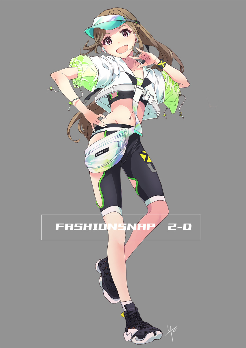 1girl :d \m/ \||/ air_pods aqua_headwear bike_shorts black_footwear black_shorts brown_eyes brown_hair commentary_request drinking_straw english_text fanny_pack fashion full_body grey_background hand_on_hip highres jacket leg_cutout long_hair looking_at_viewer navel open_mouth original ponytail see-through_sleeves shoes short_sleeves shorts signature simple_background smile sneakers solo sports_bra standing visor_cap wristband yoshito