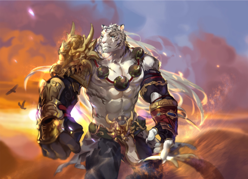 abs absurd_res anthro biceps biped blue_eyes clothed clothing crrispy_shark detailed_background felid fingerless_gloves fur gloves handwear hi_res male mammal muscular muscular_male pang pantherine pecs prayer_beads sdorica sdorica_sunset solo striped_fur stripes tiger white_fur