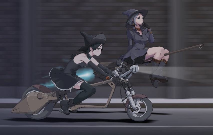 2girls black_dress black_eyes black_gloves black_hair black_legwear black_skirt blue_eyes blurry blurry_background boots braid braided_ponytail broom broom_riding collar commentary_request dress earrings elbow_gloves finger_to_chin frilled_dress frills gloves grey_hair ground_vehicle hat highres jewelry light_rays long_hair long_sleeves looking_at_another looking_away miniskirt motion_blur motor_vehicle motorcycle multiple_girls night original riding road serious single_braid skirt sleeveless sleeveless_dress smirk sukabu thighhighs witch witch_hat zettai_ryouiki