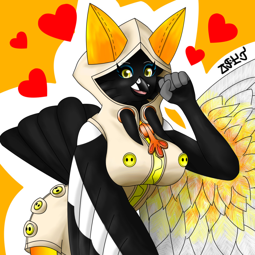 &lt;3 1:1 2019 5_fingers absurd_res anthro avian beak big_breasts biped bird black_beak black_feathers blazblue breasts clothed clothing cosplay digital_drawing_(artwork) digital_media_(artwork) feathered_wings feathers female fingers grey_feathers hi_res hood icterid jose-497 latina looking_at_viewer miranda_marcano new_world_oriole non-mammal_breasts open_mouth orange_feathers signature simple_background smile solo standing tail_feathers thick_thighs tongue venezuelan_troupial video_games white_feathers winged_arms wings yellow_eyes yellow_feathers