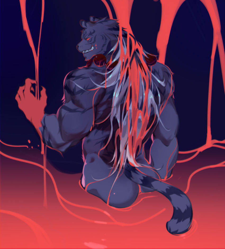 absurd_res crrispy_shark felid fur hair hi_res long_hair looking_back male mammal muscular muscular_male nude pang pantherine prayer_beads red_eyes sdorica sdorica_sunset striped_fur striped_tail stripes tiger