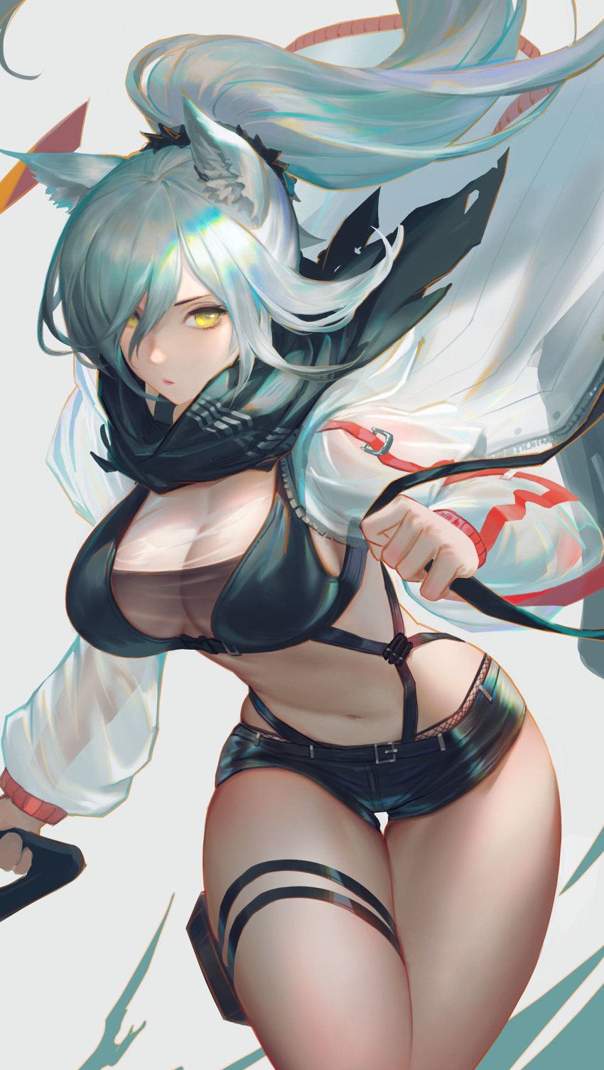 1girl absurdres animal_ears arknights bangs breasts cleavage closed_mouth crop_top fishnets hair_between_eyes high_ponytail highres jacket large_breasts long_hair looking_at_viewer navel open_clothes open_jacket ponytail scarf schwarz_(arknights) see-through short_shorts shorts silver_hair suspenders thigh_strap thighs yellow_eyes youyi_(ww5413203)