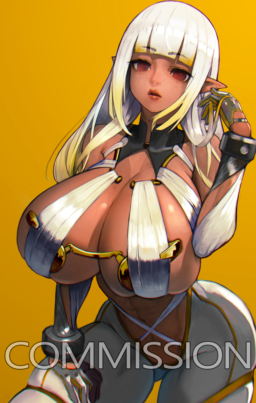 1girl abs bangs black_gloves blunt_bangs breasts cleavage commentary_request commission dark_elf elf english_text eyebrows_visible_through_hair facing_viewer freckles gloves halter_top halterneck hand_on_own_thigh highres hiragana_(gomasyabu) huge_breasts impossible_clothes lips navel no_pupils original pants pointy_ears red_eyes revealing_clothes solo thick_thighs thighs two-tone_gloves underboob white_hair white_pants yellow_background yellow_gloves