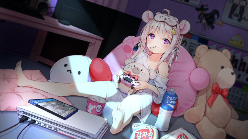 1girl agnamore bare_shoulders barefoot bottle collarbone commentary_request controller copyright_request dithering game_console game_controller holding indoors korean_commentary long_hair mouth_hold off_shoulder pillow playstation_4 pocari_sweat purple_eyes shirt short_sleeves silver_hair sitting soles solo spoon_in_mouth stuffed_animal stuffed_toy teddy_bear water_bottle white_shirt wide_sleeves