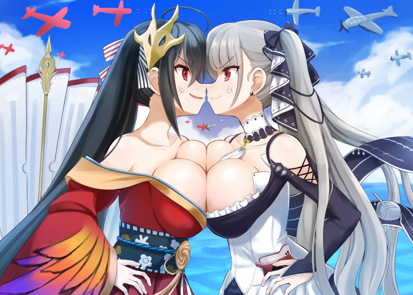 2girls ahoge anger_vein azur_lane black_dress black_hair breast_press breasts dress face-to-face formidable_(azur_lane) frilled_dress frills grey_hair hair_ribbon large_breasts long_hair mask mask_on_head multiple_girls nichika_(nitikapo) red_eyes ribbon symmetrical_docking taihou_(azur_lane) twintails two-tone_dress two-tone_ribbon