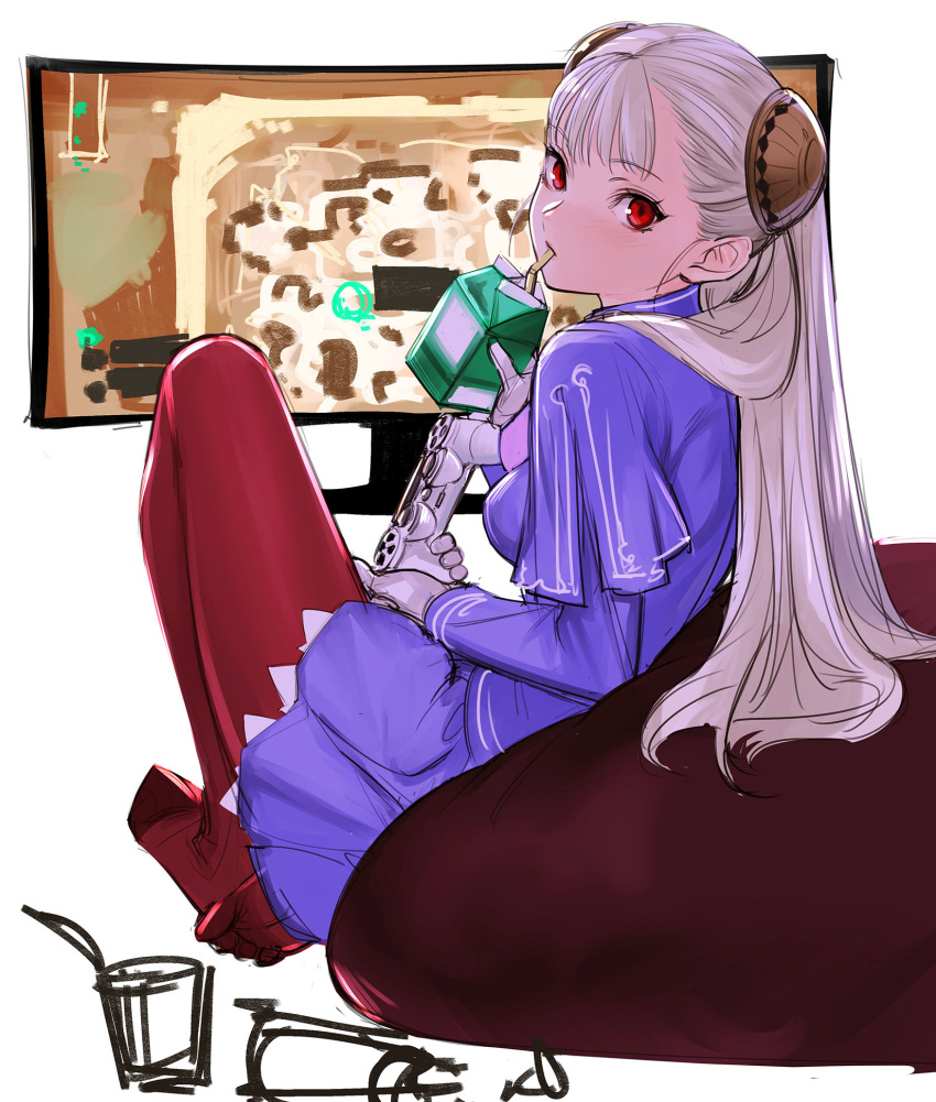 1girl albino bean_bag_chair brown_legwear capcom_fighting_jam commentary_request controller dress drinking dualshock game_controller gamepad hairpods highres ingrid looking_back milk_carton no_shoes pantyhose purple_dress red_eyes solo television tetsu_(kimuchi) white_hair