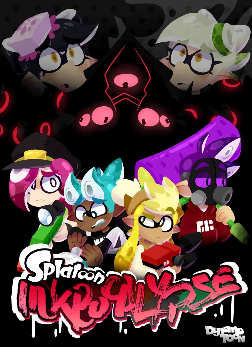 2boys 4girls aori_(splatoon) artist_name beanie callie_(splatoon) dark_skin dark_skinned_male dynamotoon eyebrows eyebrows_visible_through_hair eyelashes female freckles gas_mask gun hair hair_over_one_eye hat holding holding_weapon hotaru_(splatoon) inkling inkling_boy inkling_girl jacket logo male marie_(splatoon) mask nintendo open_mouth original_character poster raised_eyebrow scared scope sharp_teeth splat_roller_(splatoon) splatoon splatoon_(series) teeth tentacle_hair worried