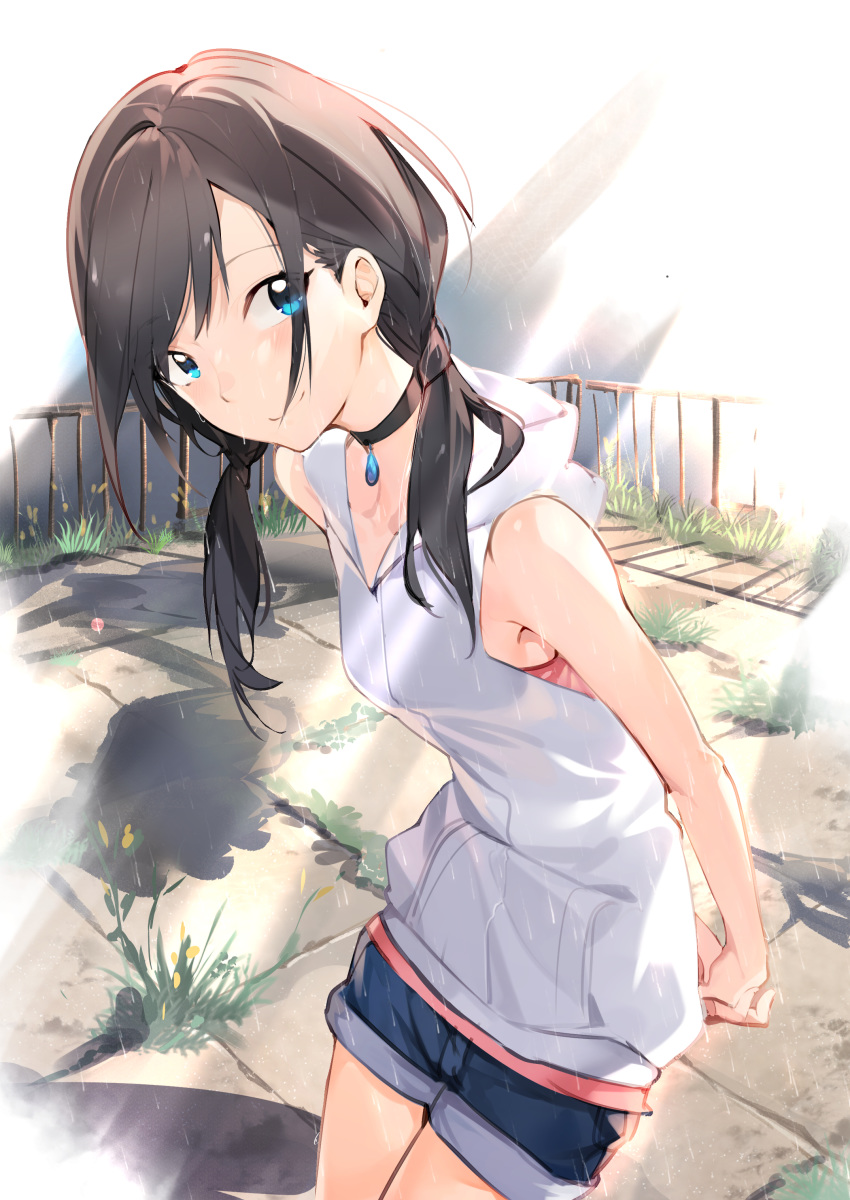1girl absurdres aida_(chinhung0612) amano_hina_(tenki_no_ko) arms_behind_back bangs bare_arms bare_shoulders bent_over black_choker black_hair blue_eyes choker collarbone concrete cowboy_shot denim denim_shorts eyes_visible_through_hair flower hands_clasped highres hood hood_down hoodie jewelry light_rays looking_at_viewer low_twintails medium_hair outdoors own_hands_together pendant railing rain rooftop rust shorts sleeveless sleeveless_hoodie smile solo sunbeam sunlight tenki_no_ko twintails