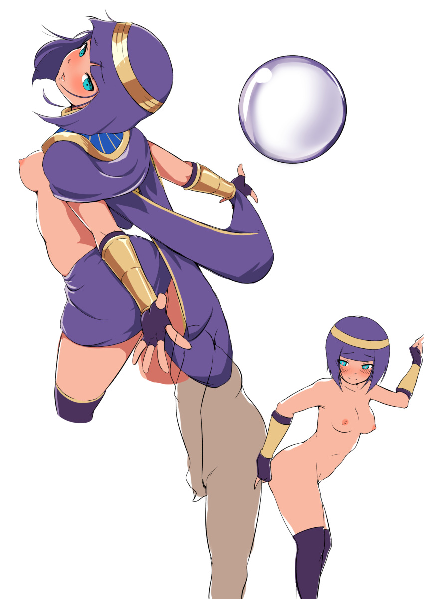 1boy 1girl absurdres aqua_eyes bangs blunt_bangs blush bob_cut breasts closed_mouth commentary_request eyebrows_visible_through_hair fingerless_gloves furrowed_eyebrows gloves head_tilt highres lsizessize medium_breasts menat multiple_views nipples nude open_mouth outstretched_arms purple_gloves purple_hair purple_legwear short_hair street_fighter street_fighter_v thighhighs white_background