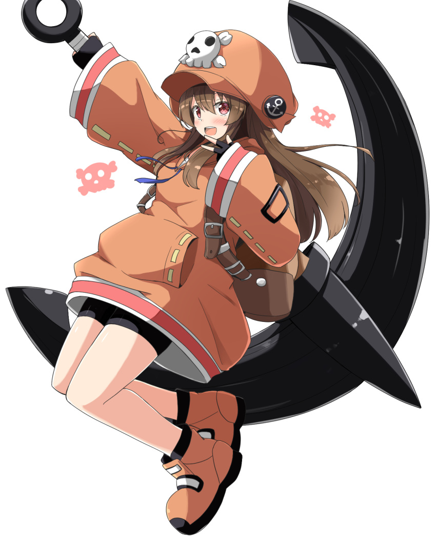 1girl :d aikawa_ryou anchor bangs blush brown_eyes brown_hair commentary_request eyebrows_visible_through_hair fingerless_gloves gloves guilty_gear hair_between_eyes hat highres holding_anchor long_hair may_(guilty_gear) open_mouth orange_footwear orange_headwear pirate pirate_hat round_teeth shoes simple_background skull_and_crossbones sleeves_past_wrists smile solo teeth upper_teeth white_background wide_sleeves