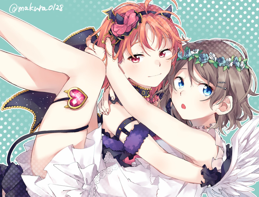 2girls :o ahoge angel_and_devil angel_wings aqua_eyes bangs black_gloves black_wings blue_eyes blue_flower brown_hair choker commentary_request demon_horns demon_tail demon_wings dress feathered_wings flower gloves hair_ornament hairpin head_wreath heart heart_tail highres horns hug looking_at_viewer love_live! love_live!_sunshine!! makura_(makura0128) multiple_girls orange_hair outline red_eyes smile tail takami_chika twitter_username watanabe_you white_dress white_flower white_outline white_wings wings yuri