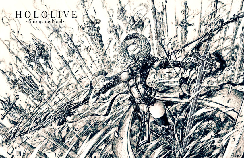 1girl armor axe bangs belt belt_buckle breastplate breasts buckle character_name circlet cleavage copyright_name creep41347922 hair_over_one_eye highres holding holding_sword holding_weapon hololive large_breasts loincloth looking_at_viewer mace medium_hair monochrome multiple_weapons shirogane_noel shoulder_armor sword thighhighs thighs virtual_youtuber waist_cape weapon wrist_guards