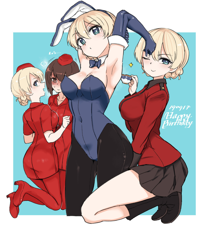 2girls absurdres aomushi_(mushamusha) armpits blush bow bowtie breasts bunnysuit cleavage coat collarbone covered_navel cup darjeeling dated elbow_gloves girls_und_panzer gloves happy_birthday hat high_heels highres looking_at_viewer multiple_girls nishizumi_maho pantyhose pleated_skirt red_coat skirt smile st._gloriana's_military_uniform stewardess sweatdrop teacup thighs yuri