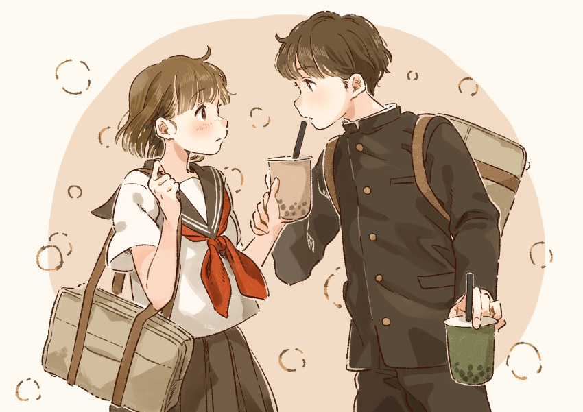 1boy 1girl absurdres ahoge bag bangs black_jacket black_pants black_skirt blush brown_hair bubble_background bubble_tea commentary_request cup drinking_straw from_side gakuran hetero highres holding holding_cup holding_hand holding_strap jacket kana_(okitasougo222) long_sleeves looking_at_another neckerchief original pants pleated_skirt red_neckwear school_bag school_uniform serafuku shared_food short_hair short_sleeves skirt