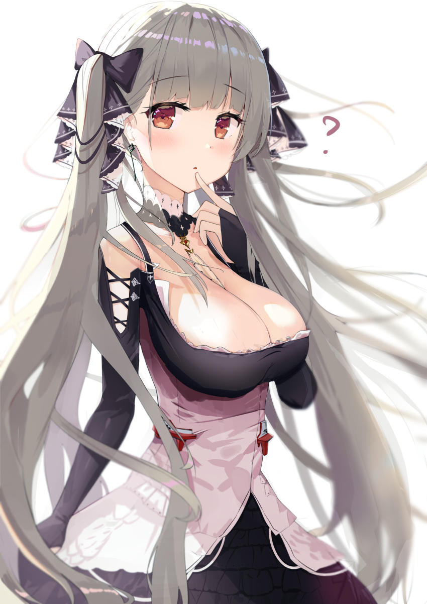 1girl ? absurdres azur_lane bangs bare_shoulders between_breasts black_dress black_ribbon blush breasts choker cleavage commentary detached_sleeves dress earrings eyebrows_visible_through_hair finger_to_mouth formidable_(azur_lane) frilled_dress frills hair_ribbon highres jewelry large_breasts long_hair looking_at_viewer open_mouth red_eyes ribbon shiny shiny_hair silver_hair simple_background solo twintails two-tone_dress very_long_hair white_background white_dress zhiyou_ruozhe