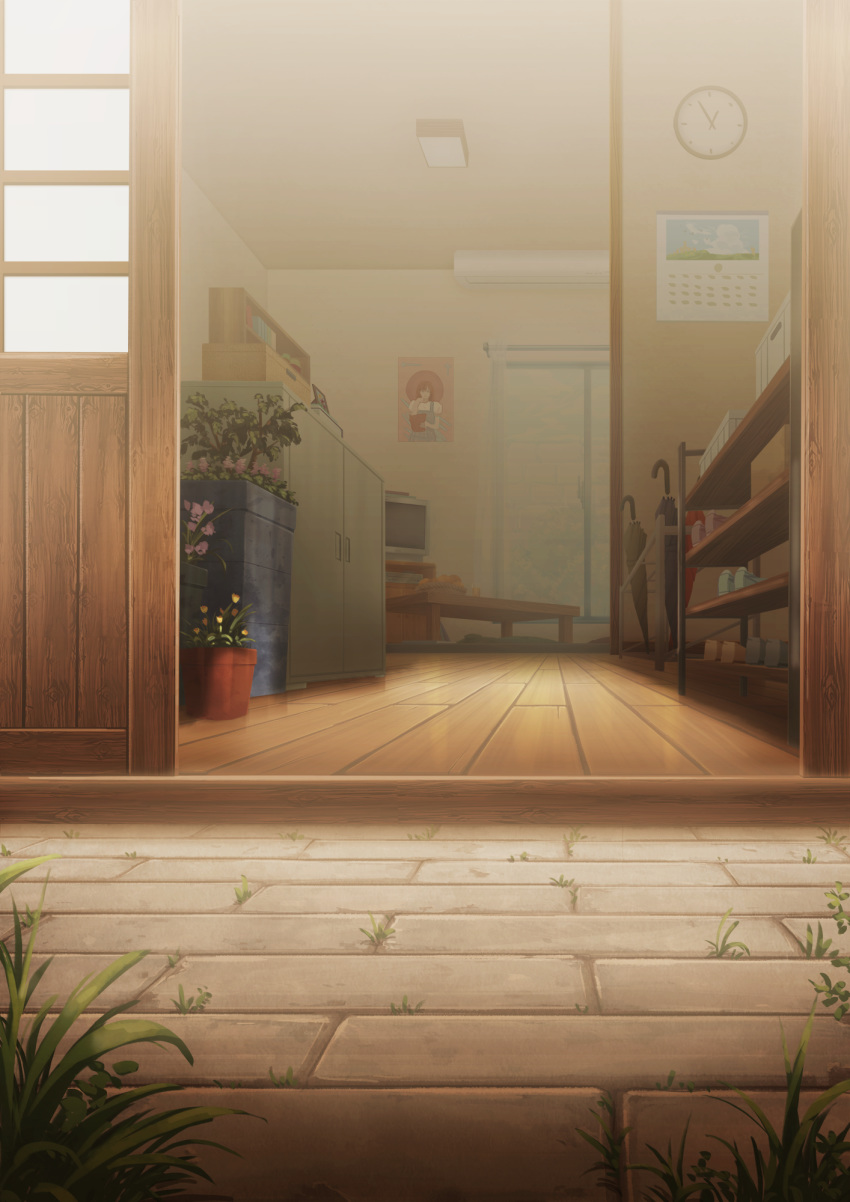 air_conditioner bakemono basket calendar_(object) clock commentary curtains flower food glass grass highres no_humans original picture_(object) plant poster potted_plant scenery shelf shoes sliding_doors table television umbrella wooden_floor