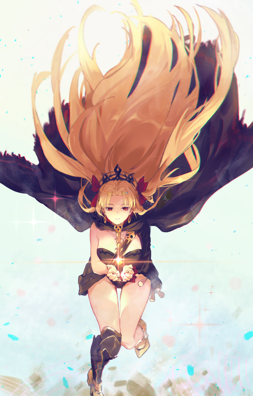 1girl absurdres bangs between_breasts bk201 blonde_hair breasts cape commentary_request earrings ereshkigal_(fate/grand_order) fate/grand_order fate_(series) hair_ribbon highres jewelry long_hair looking_at_viewer necklace parted_bangs red_eyes ribbon skull solo spine thighs two_side_up