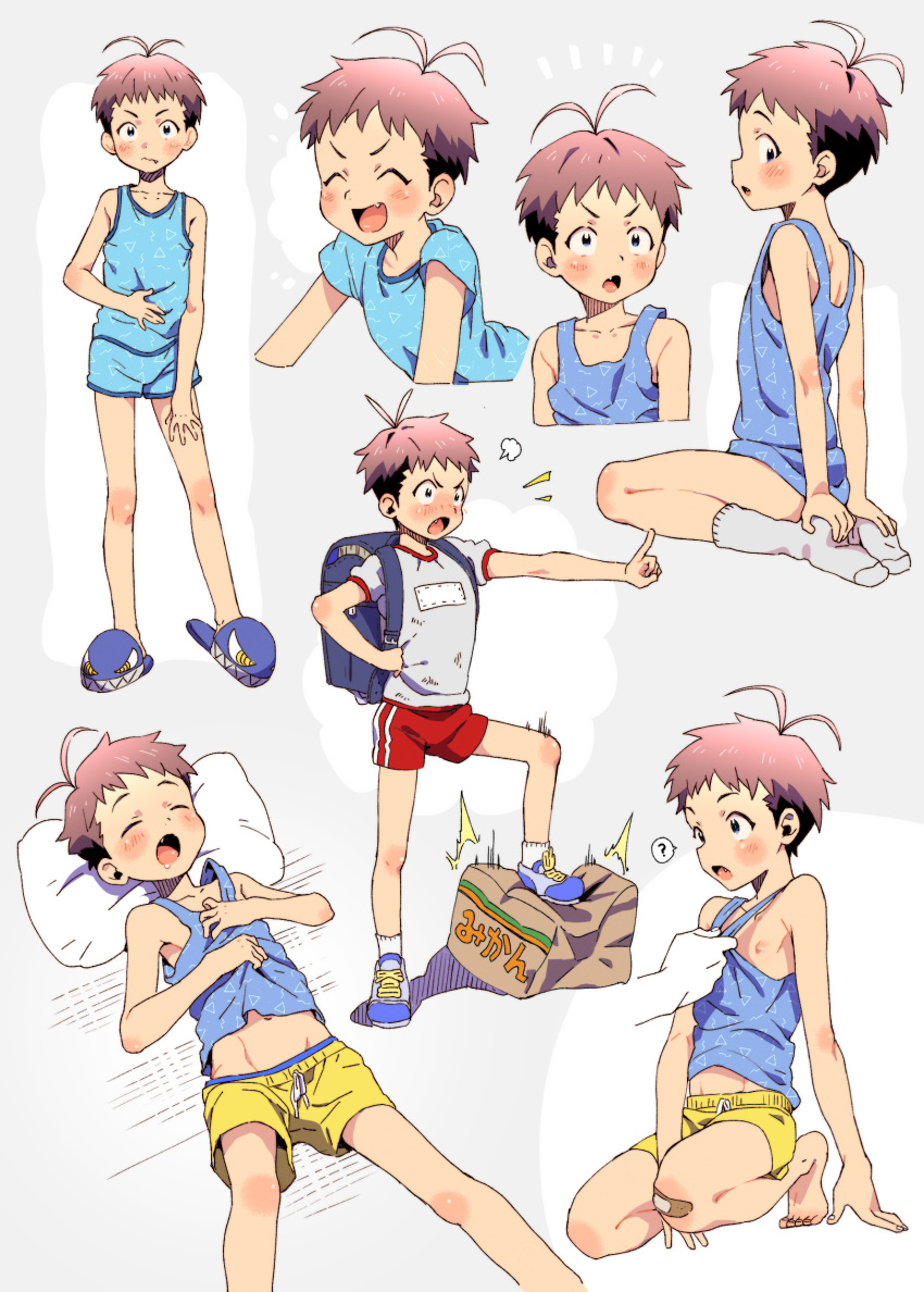 1boy 3ji absurdres ahoge antenna_hair bandaid bandaid_on_knee black_hair blue_eyes blush boxers brown_hair character_sheet closed_eyes drooling fang full_body gym_shirt gym_shorts gym_uniform highres male_focus multicolored_hair open_mouth original pillow shirt shoes shorts sleeping slippers smile sneakers socks tank_top two-tone_hair underwear white_legwear