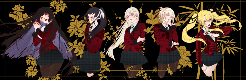 aqua_lipstick black_hair blonde_hair highres ikishima_midari jabami_yumeko kakegurui lipstick long_hair makeup momobami_kirari poker_chip ponytail red_nails red_suit saotome_meari school_uniform short_hair silver_hair skirt sobi_(dnenqkswja) suzui_ryouta twintails white_hair