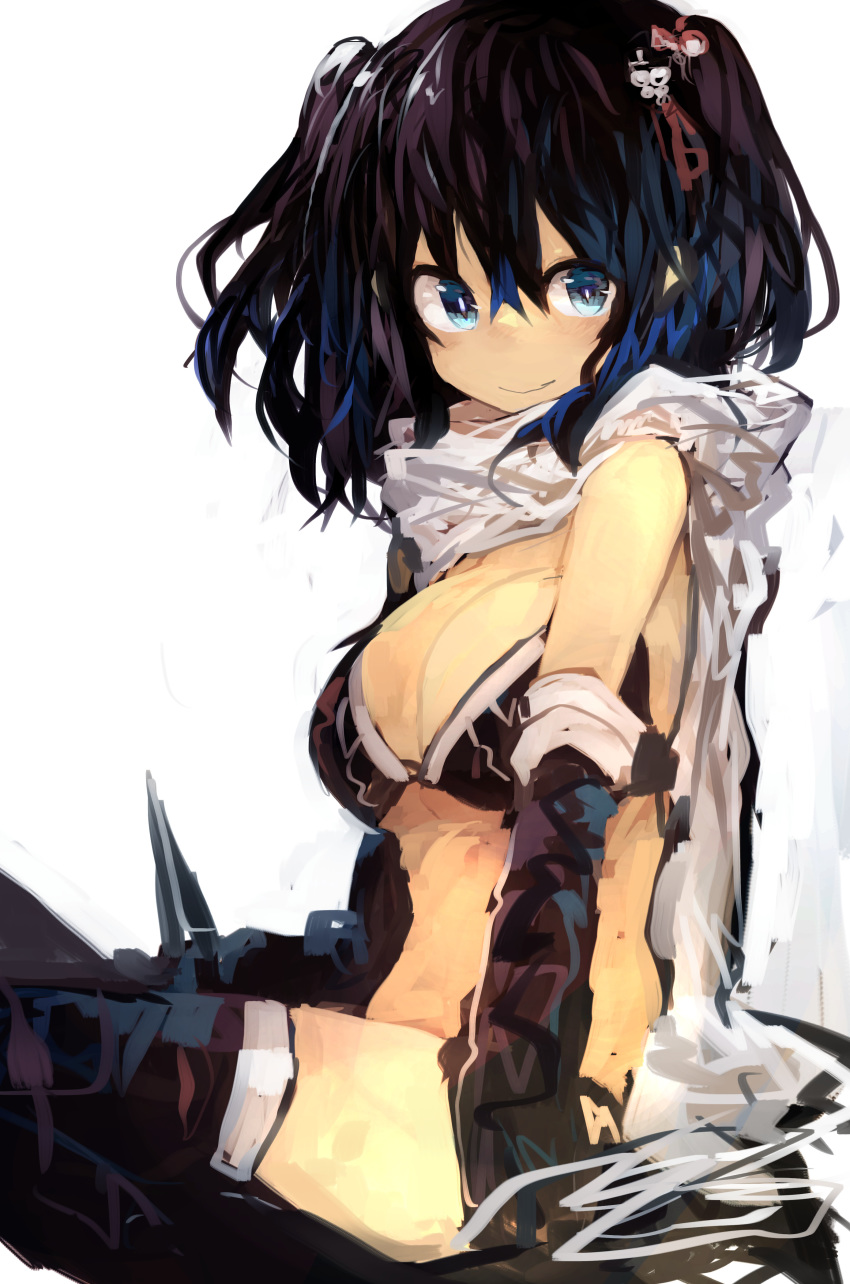 1girl absurdres bangs black_bra black_legwear blush bra breasts brown_hair cleavage elbow_gloves gloves hair_ornament highres kaamin_(mariarose753) kantai_collection long_hair panties remodel_(kantai_collection) scarf sendai_(kantai_collection) simple_background smile solo thighhighs two_side_up underwear white_background white_scarf