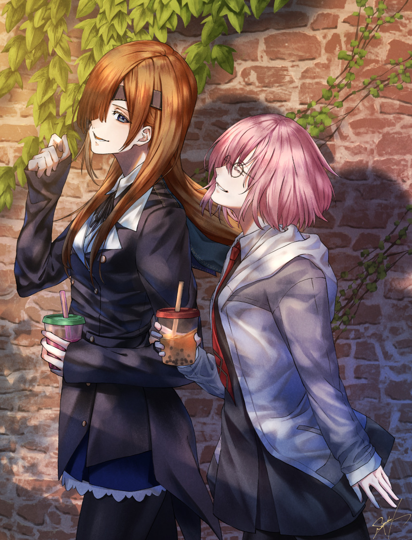 2girls absurdres bangs black_jacket blue_eyes brown_hair bubble_tea commentary_request drinking_straw eyepatch fate/grand_order fate_(series) from_side glasses hair_over_one_eye highres holding huge_filesize jacket long_hair long_sleeves looking_at_viewer mash_kyrielight multiple_girls necktie ophelia_phamrsolone outdoors pink_hair red_neckwear shirt short_hair signature smile w-moz9-w wall