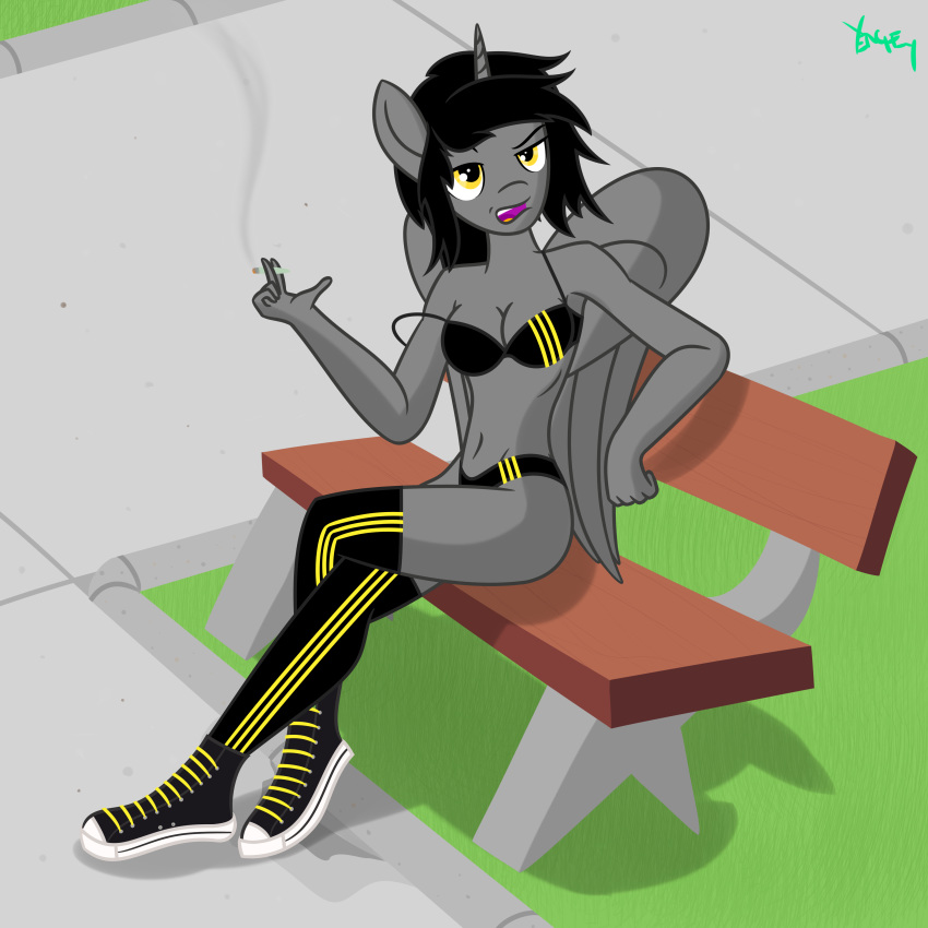 1:1 absurd_res anthro bench clothing concrete crossgender equid equine female footwear grass hi_res horn horse legwear mammal pony shoes smoking solo thigh_highs underwear wings yenchey