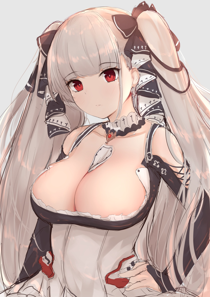 1girl azur_lane bangs bare_shoulders between_breasts black_dress blunt_bangs blush breasts cleavage closed_mouth dress formidable_(azur_lane) frilled_dress frills grey_hair hair_ribbon hands_on_hips highres john_zhang large_breasts long_hair looking_at_viewer red_eyes ribbon simple_background solo thighs two-tone_dress two-tone_ribbon