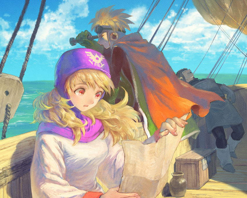 1girl 2boys arm_support blonde_hair cape cloud crate dragon_quest dragon_quest_ii gloves goggles goggles_on_headwear horizon jar leaning_back long_hair looking_afar map multiple_boys ocean open_mouth prince_of_lorasia prince_of_samantoria princess_of_moonbrook purple_eyes ship sky sleeping telescope water watercraft wind yuza